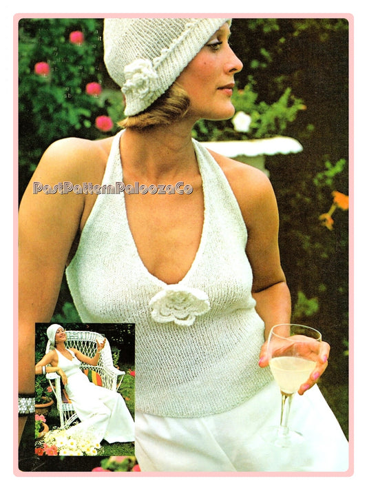 Vintage Knitting Pattern Womens Gatsby Garden Flower Halter Sun Top and Cloche Hat PDF Instant Digital Download Retro 70s Glam 5 Ply