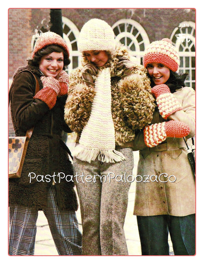 Vintage Knitting Pattern Womens Hat Scarf Mitts Sets 3 Designs PDF Instant Digital Download Retro Boho 1970s Retro Winter Accessories