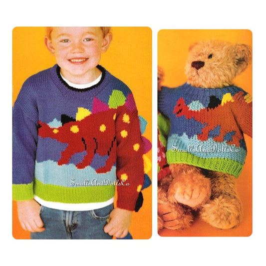 Vintage Knitting Pattern Toddler Boys Stegosaurus Dinosaur Sweater and Matching Teddy Bear Pullover PDF Instant Digital Download 2 4 6 Yrs