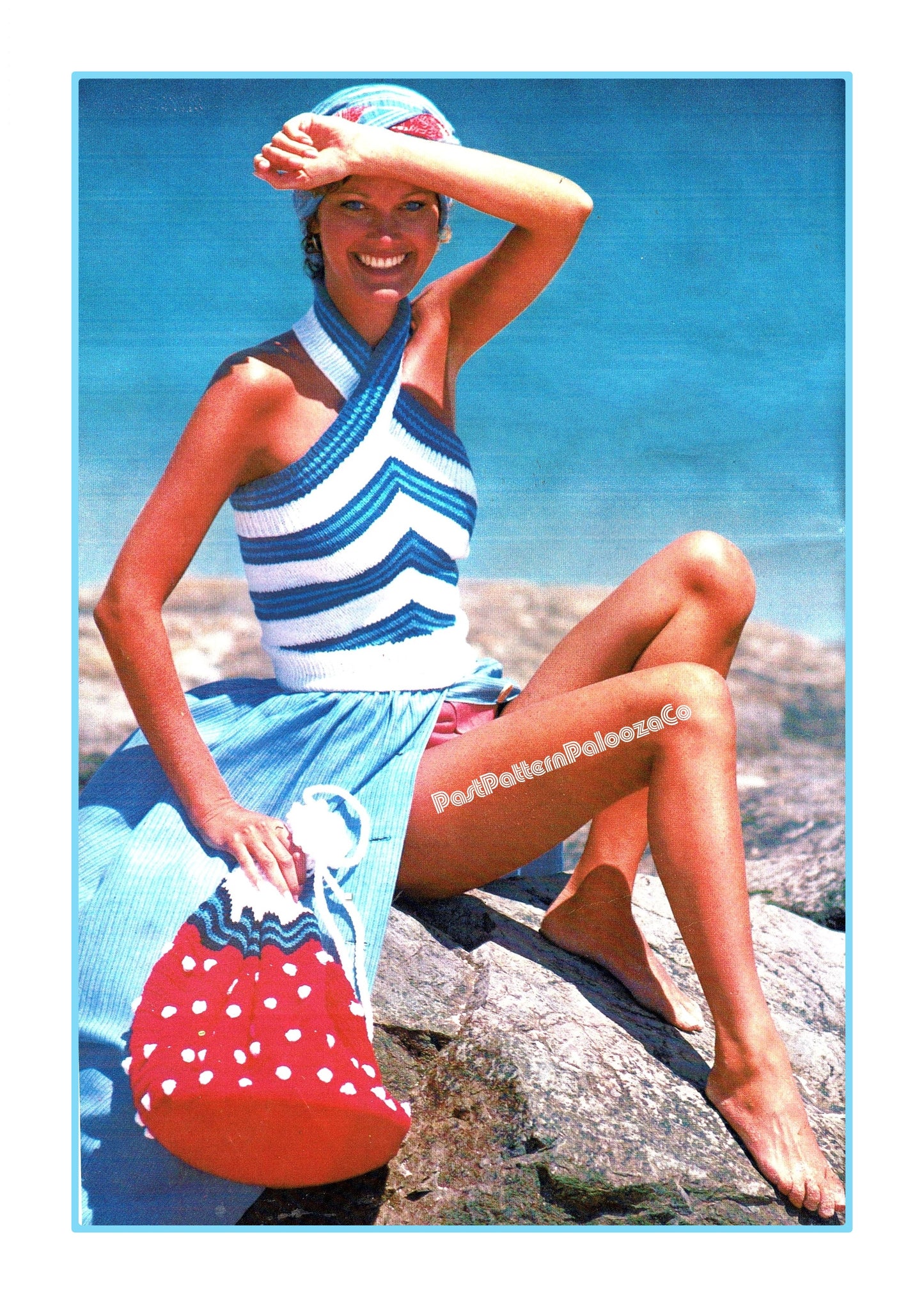 Vintage Knitting Pattern Chevron Striped Halter Sun Top Crossover Neck and Matching Crocheted Duffle Beach Bag PDF Instant Digital Download