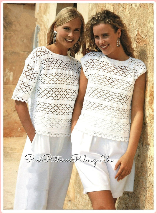 Vintage Crochet Pattern Womens Summer Tops Lattice Lace Stripes Short Sleeved Sleeveless Cotton Sweaters PDF Instant Digital Download 4 Ply