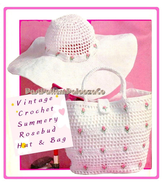 Vintage Crochet Pattern Womens Floppy Rosebud Beach Hat and Bag Tote PDF Instant Digital Download Retro Feminine Romantic Summer Set Cotton
