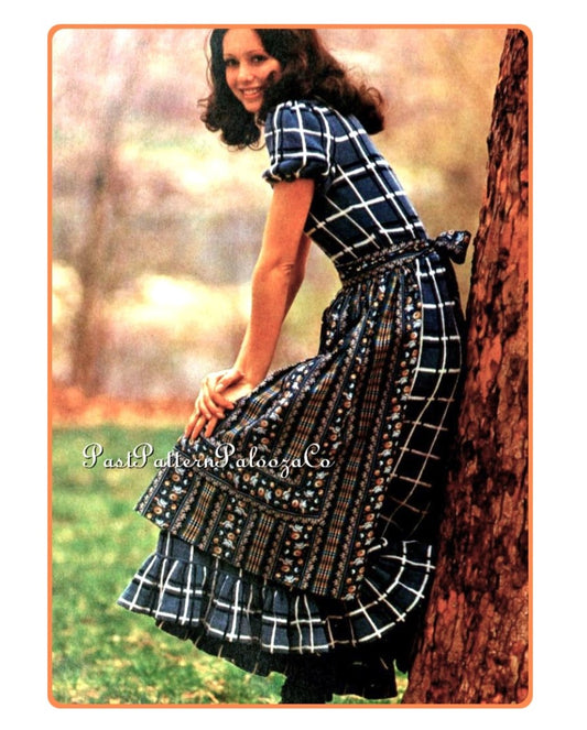Vintage Knitting Pattern Womens Plaid Prairie Maxi Dress Cap Sleeves Ruffled Hem PDF Instant Digital Download Long Retro Romantic Frock
