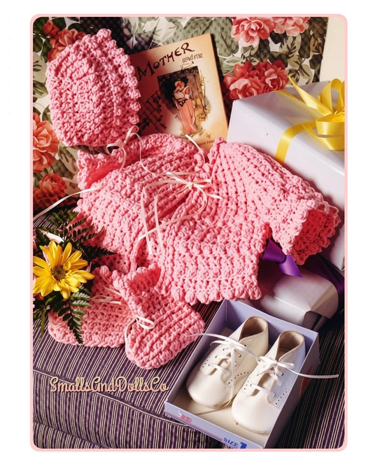 Vintage Crochet Pattern Baby Girls Sweater Bonnet Booties Set PDF Instant Digital Download Popcorn & Post Stitch 3-6-12m 4 Ply