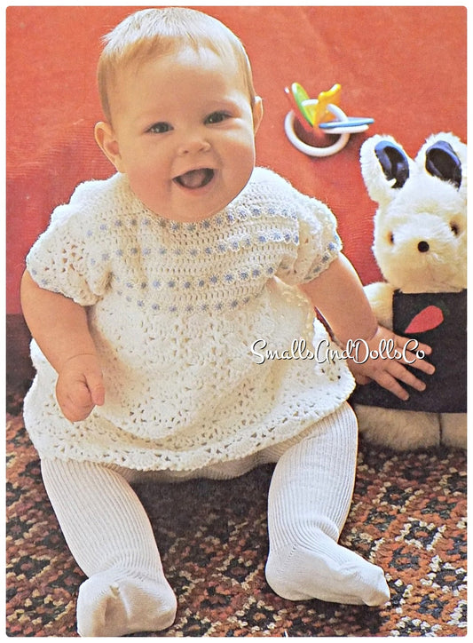 Vintage Crochet Pattern Baby Girl Flower Yoke Shell Stitch Dress PDF Instant Digital Download 0-12 months 5 Ply