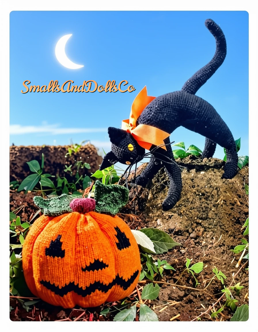 Vintage Halloween Knitting & Crochet Pattern 10" Black Cat Soft Doll and Jack-O-Lantern Pumpkin PDF Instant Digital Download