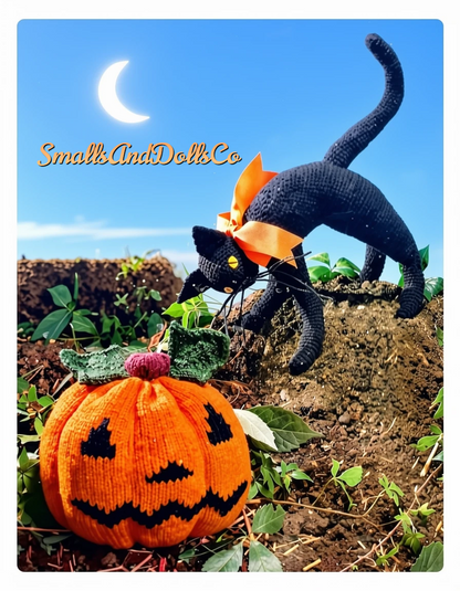 Vintage Halloween Knitting & Crochet Pattern 10" Black Cat Soft Doll and Jack-O-Lantern Pumpkin PDF Instant Digital Download