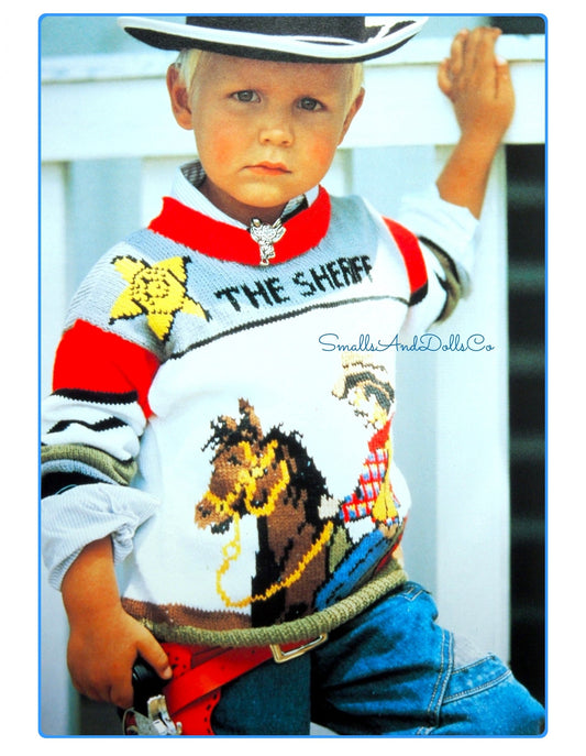 Vintage Knitting Pattern Knit Kids Boys The Sheriff Sweater PDF Instant Digital Download Western Cowboy Pullover Age 5 6 7 Years 4-Ply