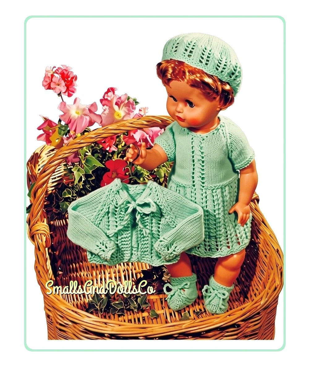 Vintage Knitting Pattern 20 Inch Baby Doll Eyelet Lace Outfit Dress Jacket Hat Bootie Shoes Set PDF Instant Digital Download DK