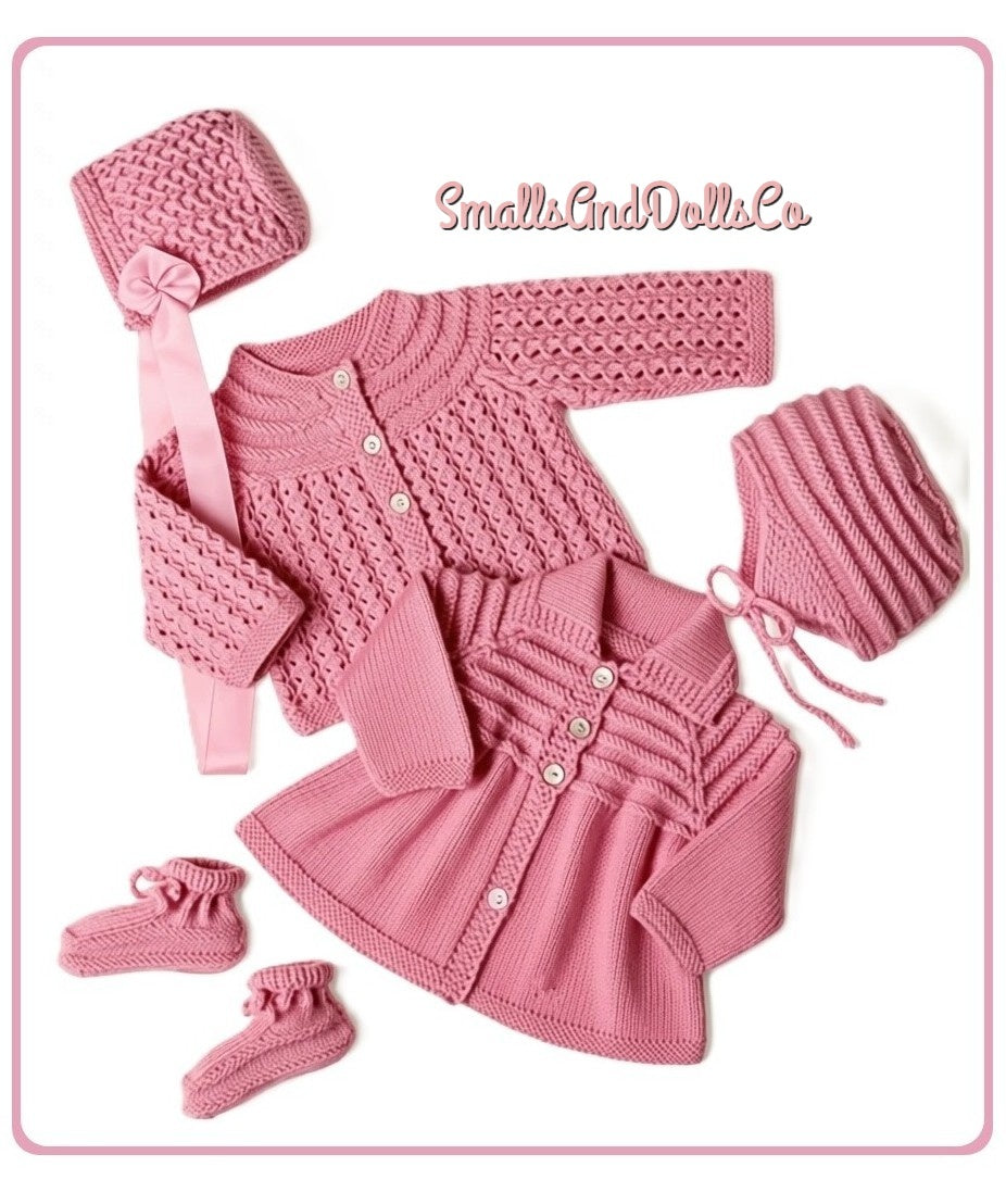 Vintage Knitting Pattern Baby Girls Pretty 5 Piece Set PDF Instant Digital Download Matinee Jacket Outdoor Coat Bonnet Booties 0-12 m 3-Ply