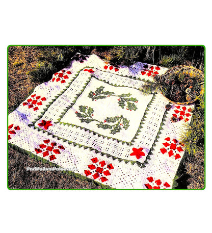 Vintage Crochet Pattern Scandinavian Christmas Holly Afghan PDF Instant Digital Download Tunisian Stitch Cross Stitch Square Blanket 56x56