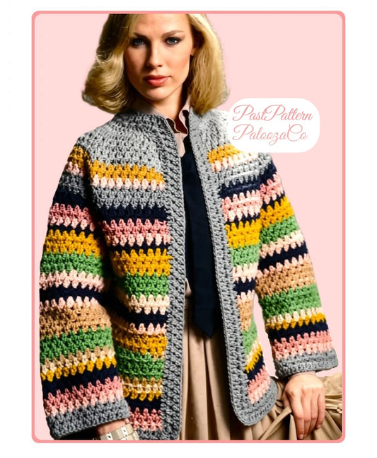 Vintage Crochet Pattern Womens Striped Cardigan Jacket PDF Instant Digital Download Retro Small to Plus Sizes
