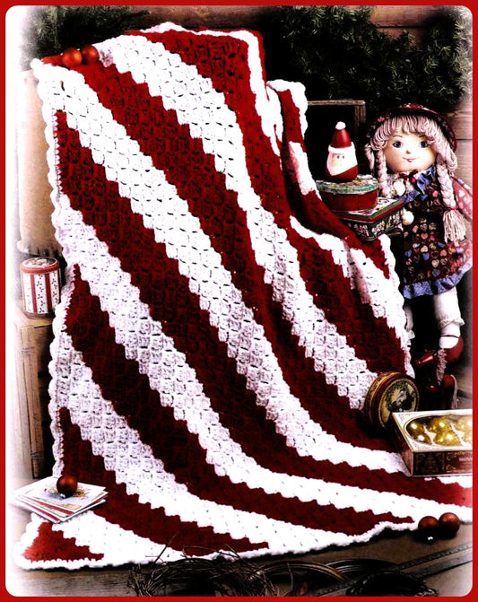 Vintage Crochet Pattern Christmas Candy Cane Stripes Afghan Corner To Corner Diagonal Shells PDF Instant Digital Download Holiday Blanket
