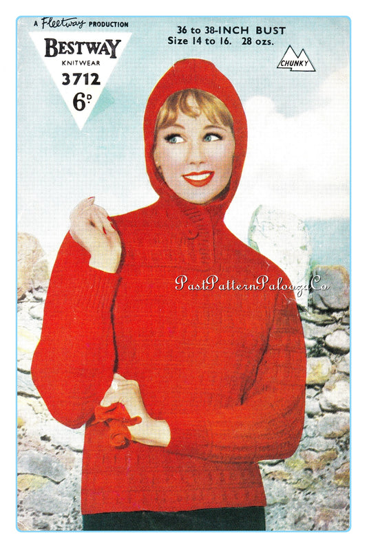 Vintage Knitting Pattern Womens Hoodie Sweater MCM Retro Jumper PDF Instant Digital Download Pretty Hooded Pullover 10 Ply
