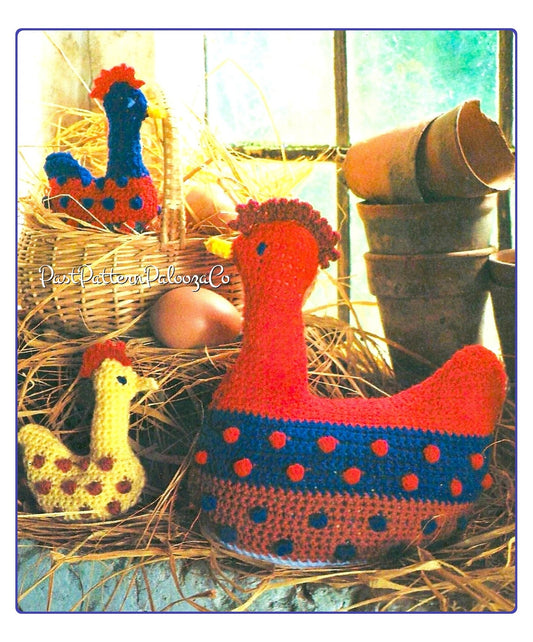 Vintage Crochet Pattern Folk Art Spotted Chickens Soft Plush Toys PDF Instant Digital Download 8" Hen 4" Chicks Amigurumi Bean Bags 5 Ply