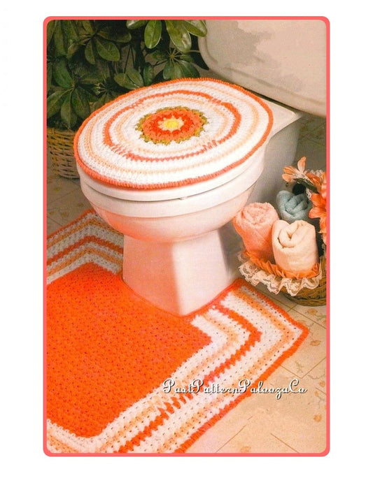 Vintage Crochet Pattern Flower Bathroom Toilet Lid Cover Contour Rug Floor Mat Set PDF Instant Digital Download Classic Floral Stripes