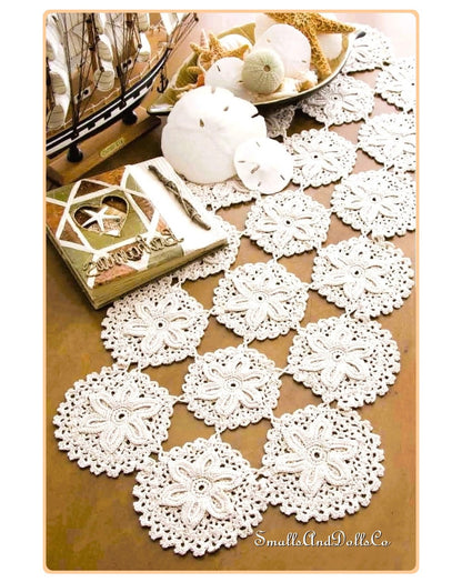 Vintage Crochet Pattern Sand Dollar Motif Table Runner Centerpiece PDF Instant Digital Download Coastal Seaside Nautical Beachy Decor 12x30