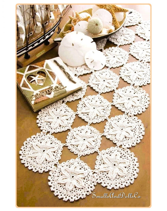 Vintage Crochet Pattern Sand Dollar Motif Table Runner Centerpiece PDF Instant Digital Download Coastal Seaside Nautical Beachy Decor 12x30