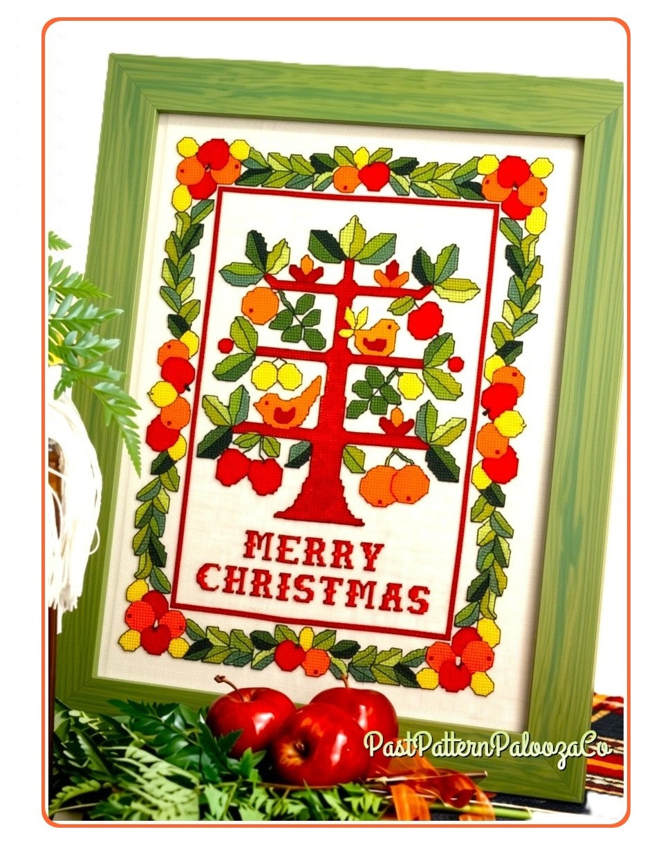 Vintage Christmas Cross Stitch Pattern Folk Art Tree of Life Sampler PDF Instant Digital Download Birds Fruit Picture Wall Hanging 11x14