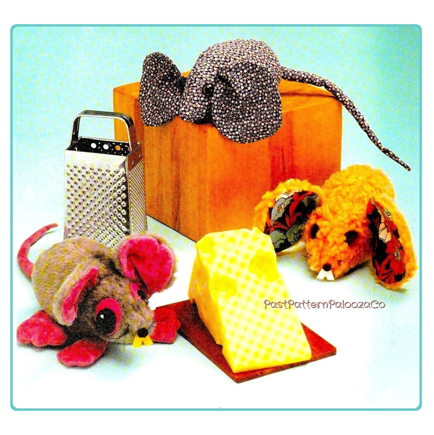 Vintage Sewing Pattern 8" Big Eared Mice Soft Toy Dolls PDF Instant Digital Download 3  Fabric Designs Faux Fur Cotton Print DIY Plushies