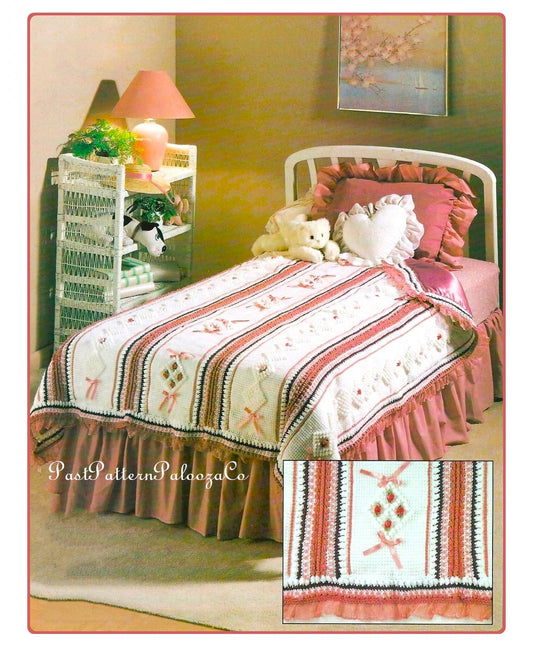 Vintage Crochet Afghan Pattern Roses & Ribbons Tunisian Stitch PDF Instant Digital Download Feminine Bed Throw Aran Yarn 60x79