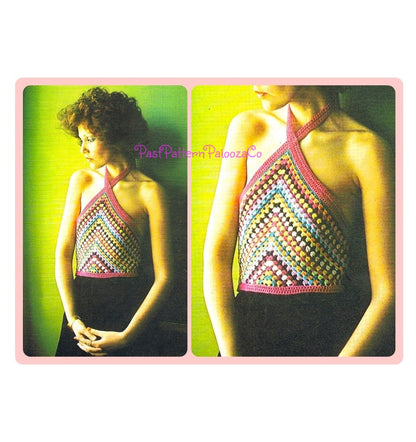 Vintage Crochet Pattern Womens Retro Triangle Halter Neck Top PDF Instant Digital Download Hippie Disco Festival Groovy Boho Summer Rainbow