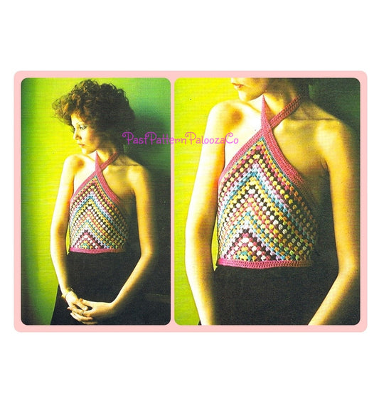 Vintage Crochet Pattern Womens Retro Triangle Halter Neck Top PDF Instant Digital Download Hippie Disco Festival Groovy Boho Summer Rainbow