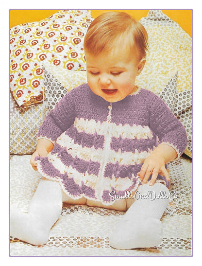 Vintage Crochet Pattern Baby Girl Striped Shell Stitch Matinee Coat Jacket PDF Instant Digital Download Flared Cardi Dress 0-6m months 5 Ply