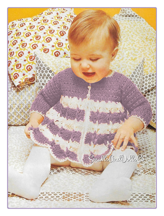 Vintage Crochet Pattern Baby Girl Striped Shell Stitch Matinee Coat Jacket PDF Instant Digital Download Flared Cardi Dress 0-6m months 5 Ply