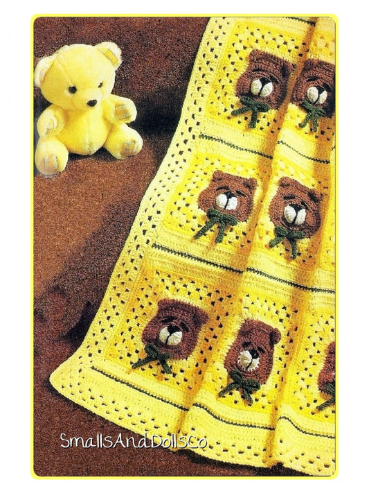 Vintage Crochet Sleepy Teddy Bears Baby Afghan Blanket PDF Instant Digital Download Bear Head Granny Squares 36x38 10 Ply