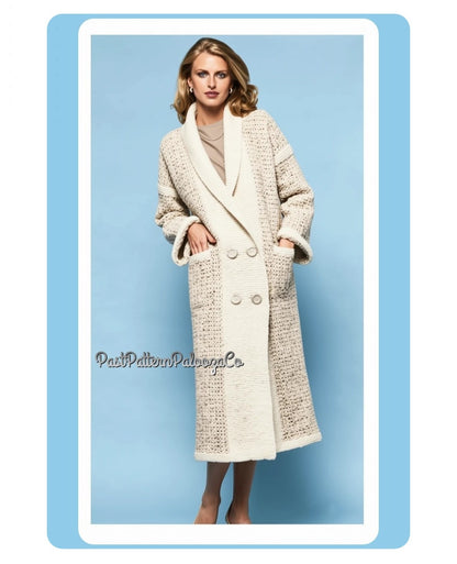 Vintage Knitting Pattern Womens Shawl Collar Long Coat PDF Instant Digital Download Retro 70s Double Breasted