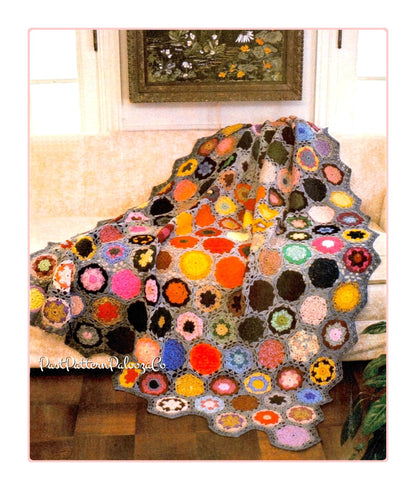 Vintage Crochet Pattern Grannys Rock Garden Flower Motif Afghan PDF Instant Digital Download Hexagon Grannies Scrap Basket Blanket 10 Ply