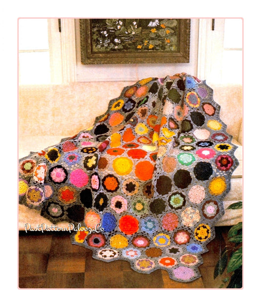 Vintage Crochet Pattern Grannys Rock Garden Flower Motif Afghan PDF Instant Digital Download Hexagon Grannies Scrap Basket Blanket 10 Ply