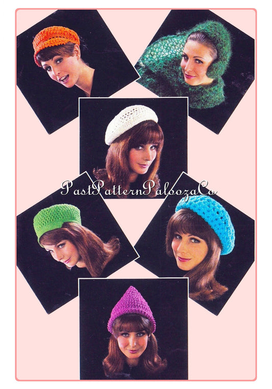Vintage Crochet Pattern Womens Retro Groovy Hats 6 Designs PDF Instant Digital Download Sixties Seventies Styles