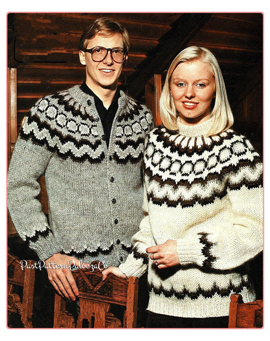 Vintage Knitting Pattern Nordic Jacquard Sweaters Icelandic Lopi Wool Pullover & Cardigan PDF Instant Digital Download Adults His Hers