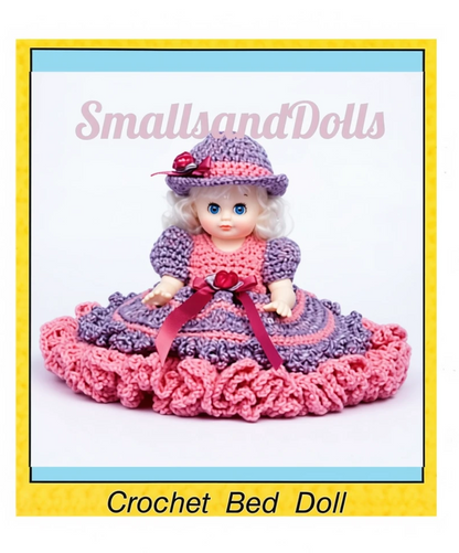 Vintage Crochet Pattern 13" Pretty Bed Doll Ruffled Dress and Hat PDF Instant Digital Download 10 Ply