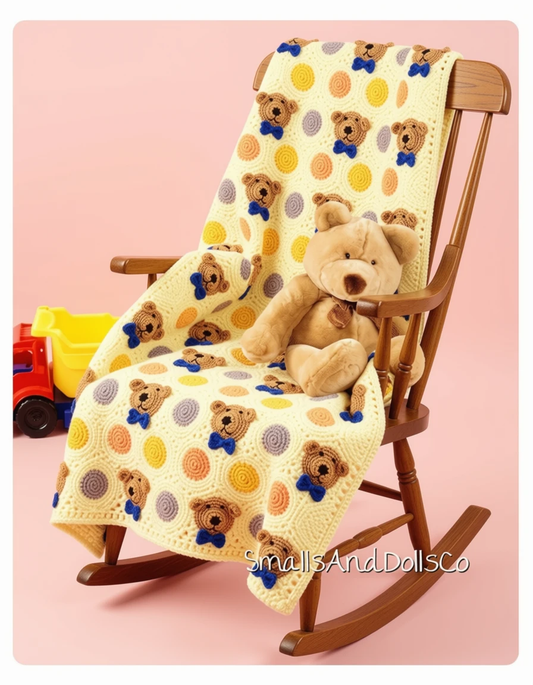 Vintage Crochet Pattern Teddy Bear Faces Motifs Afghan PDF Instant Digital Download Bears & Dots Throw Blanket 43x60 10 Ply