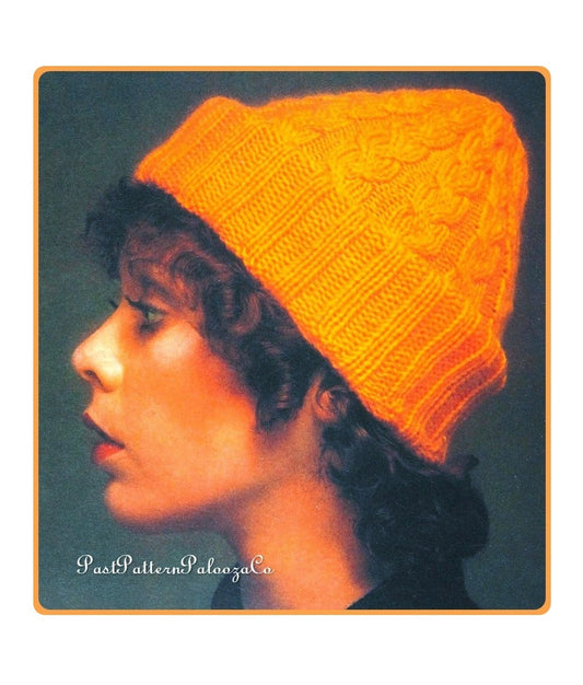 Vintage Knitting Pattern Womens Cable & Rib Beanie Hat Easy In The Round Knitted Touque Cap PDF Instant Digital Download Retro 70s DK