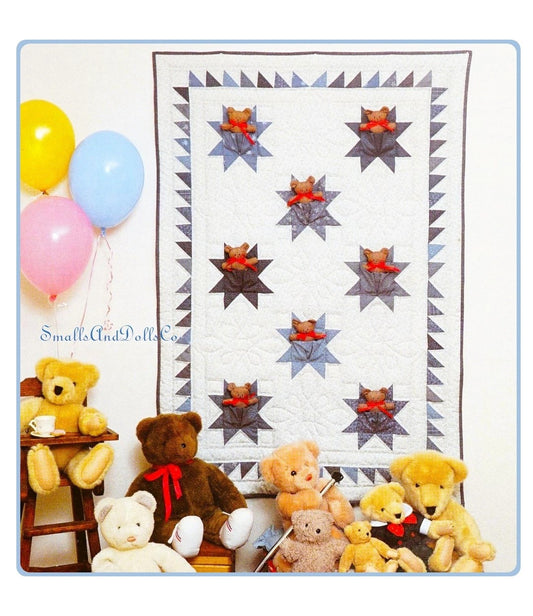 Vintage Sewing Pattern Denim Teddy Bear Pockets Quilt or Wall Hanging PDF Instant Digital Download Quilted Star Teddies Crib Twin Blanket