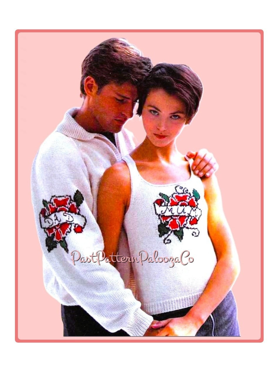 Vintage Knitting Pattern Womens Mens Tattoo Motif Sweater Jacket & Tank Top PDF Instant Digital Download Fun Novelty Roses Dagger Tatts Tops