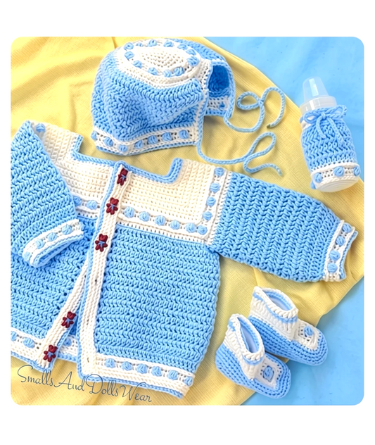 Vintage Crochet Pattern Baby Blueberry Cluster Stitch Cardigan Sweater Bonnet Booties Bottle Cover Set PDF Instant Digital Download 5 Ply