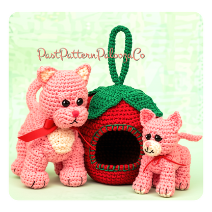 Vintage Crochet Pattern Mama Cat and Kitten Plush Soft Toys with Strawberry Carrier PDF Instant Digital Download Amigurumi Kitties 10 Ply