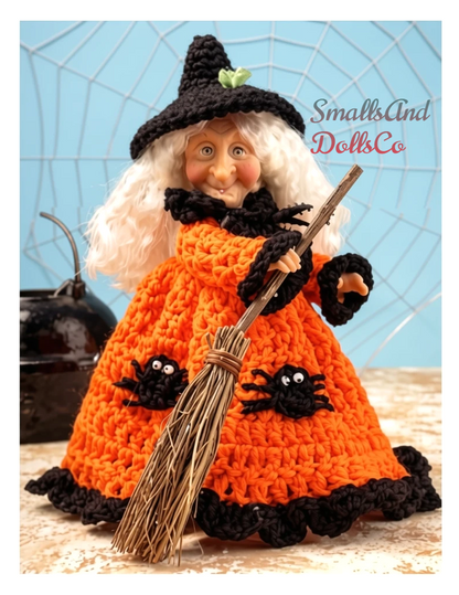 Vintage Crochet Pattern 9" Halloween Witch Doll Air Freshener Spider Dress PDF Instant Digital Download