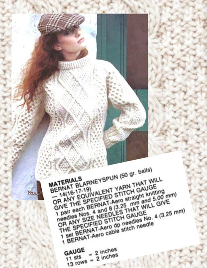 Vintage Knitting Pattern Aran Irish Pullover Sweater PDF Instant Digital Download Trellis Cabled Front Womens Mens