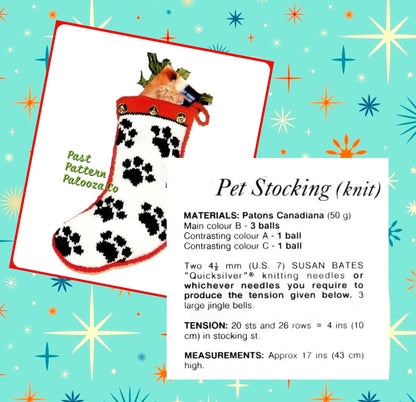 Vintage Knitting Pattern 17" Pet Paw Prints Christmas Stocking for Your Kitty Cat or Dog PDF Instant Download Jingle Bells Pet Sock 10 Ply
