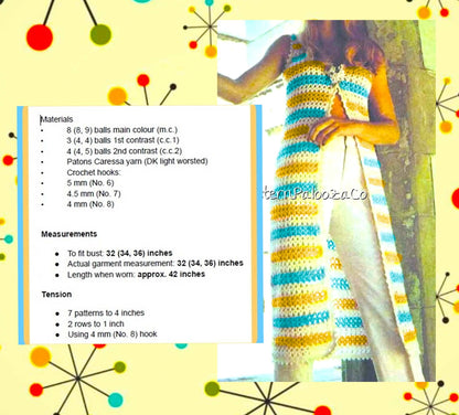 Vintage Crochet Pattern Womens Long Striped Maxi Swing Vest  PDF Instant Digital Download Groovy 70s Beachy Boho Waistcoat DK