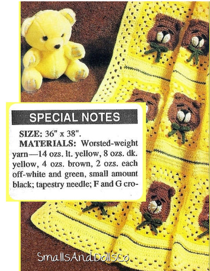 Vintage Crochet Sleepy Teddy Bears Baby Afghan Blanket PDF Instant Digital Download Bear Head Granny Squares 36x38 10 Ply