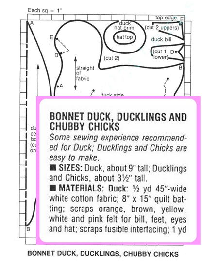Vintage Sewing Pattern 9" Easter Bonnet Duck and 3" Ducklings Soft Toy Dolls PDF Instant Digital Download Cotton Fabric Stuffed Duckies