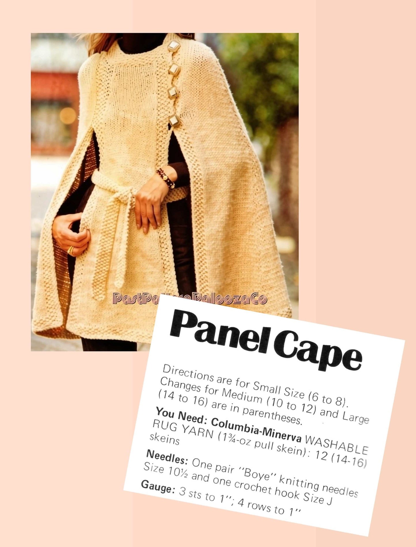 Vintage Knitting Pattern Womens Belted Poncho Cape PDF Instant Digital Download Retro Moss Stitch Panel Coat Cape