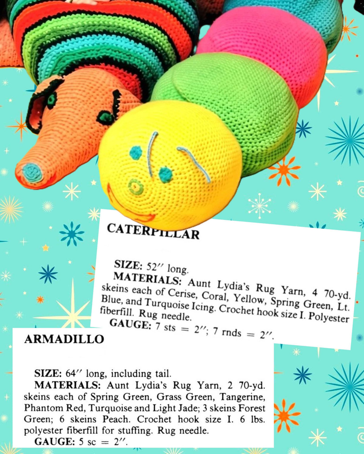Vintage Crochet Pattern Large 4-5 Ft Caterpillar Armadillo Soft Toy Dolls Floor Pillows PDF Instant Digital Download Retro Amigurumi Plushie